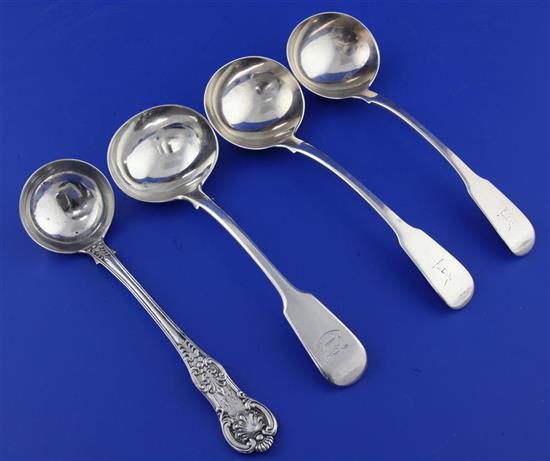 A pair of George III silver Old English pattern sauce ladles and 2 others incl. Glasgow